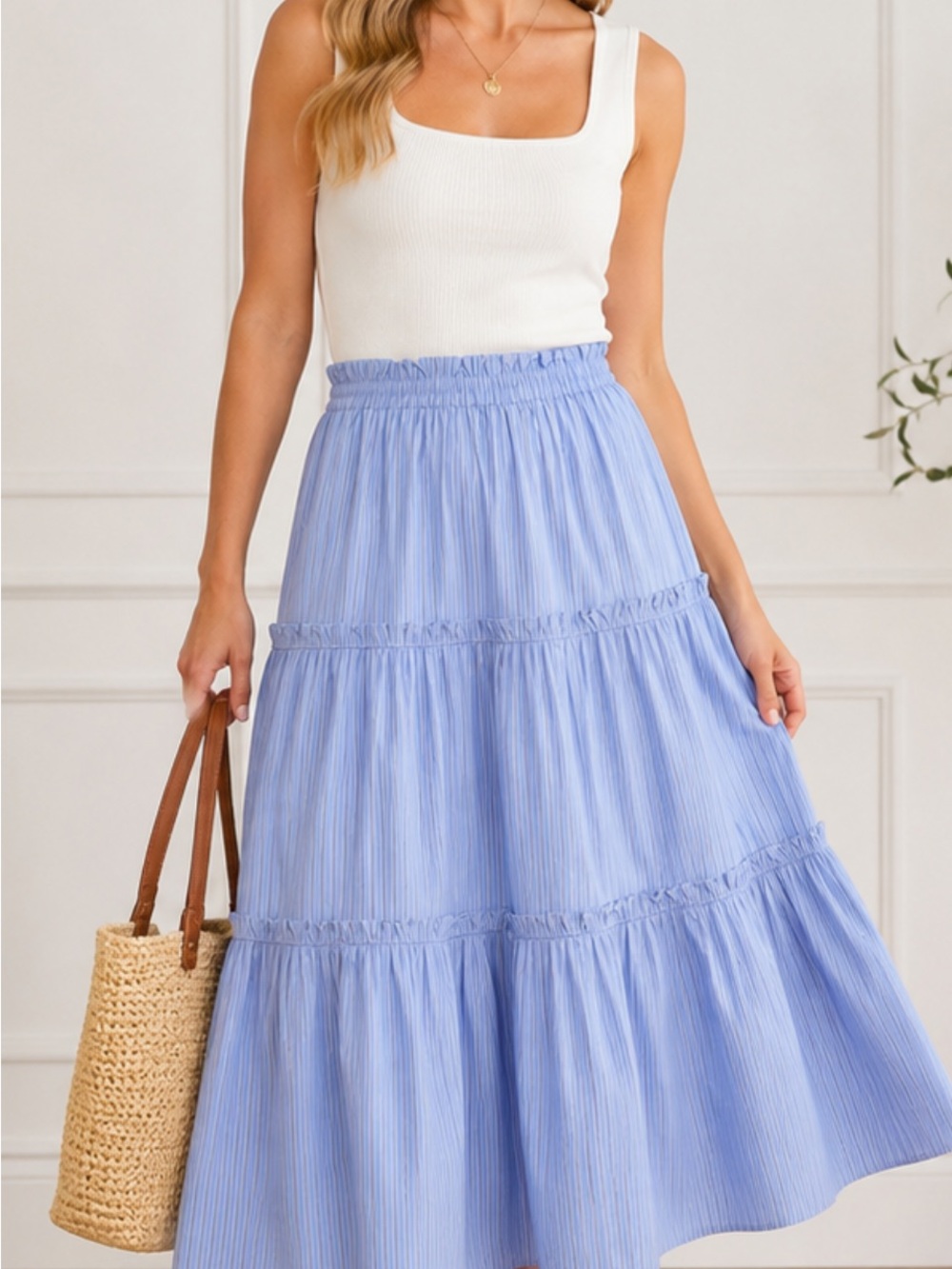 Tuckernuck Prado Skirt Small Blue Stripe Tiered Midi Coastal Cottagecore Preppy